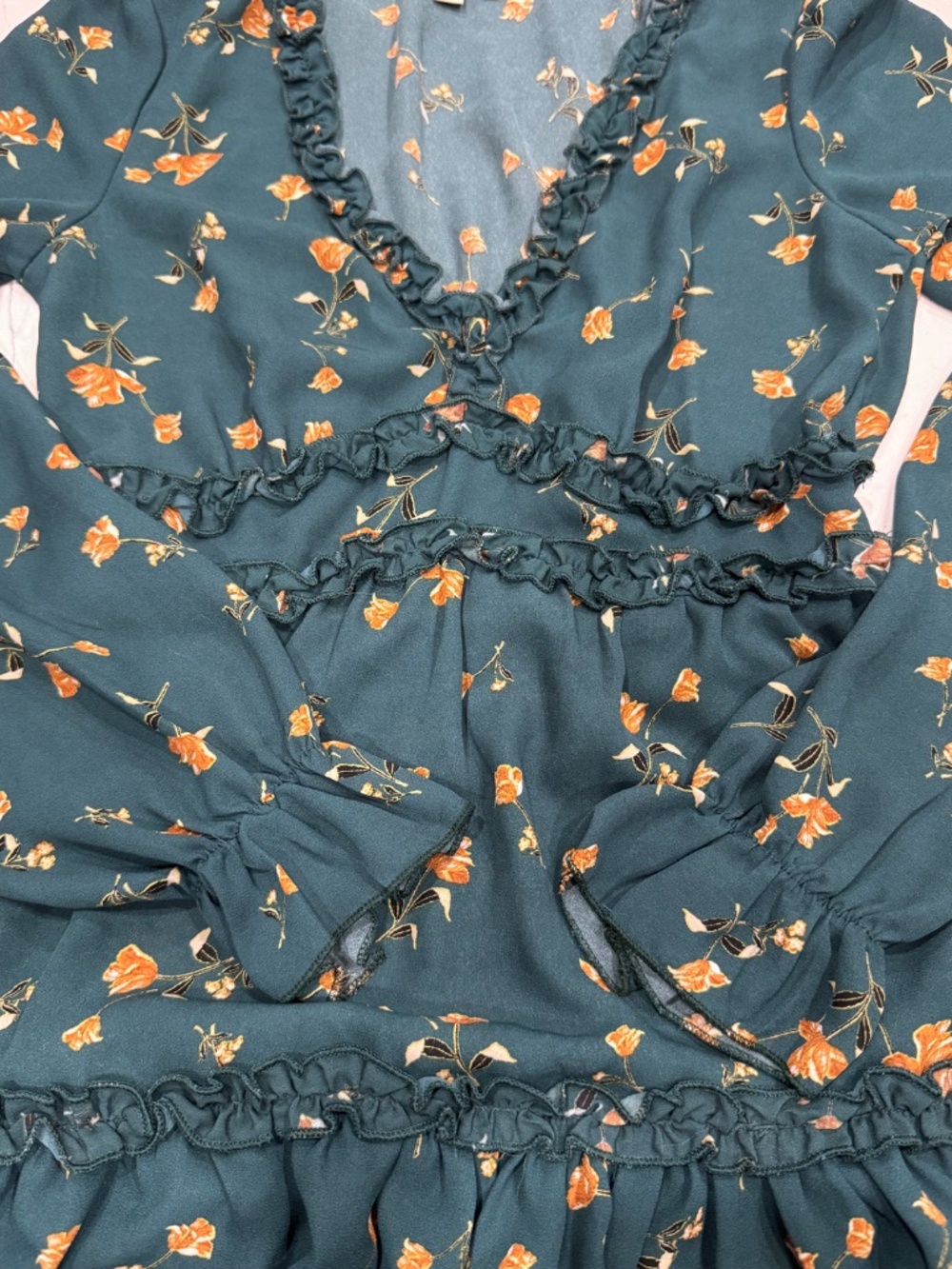 Inspired Hearts Teal Floral Ruffle Mini Dress Long Sleeve Boho Western Sz Small - Picture 9 of 11